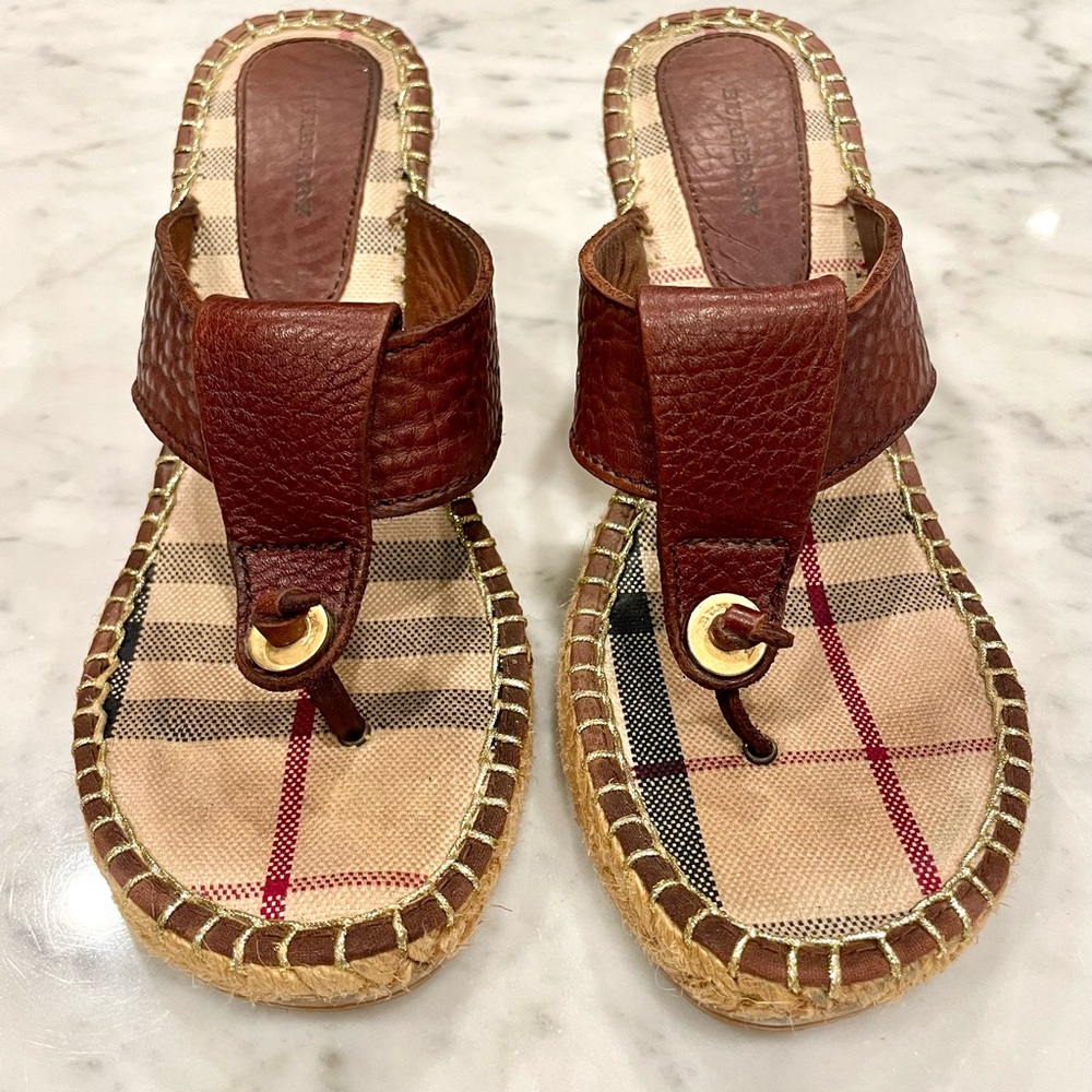 Burberry leather and plaid fabric wedges, burgundy, Burberry check, sz7, EUC - Picture 2 of 16